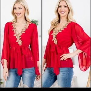 Chiffon-Like Red Top with Bell Sleeves and Gold Details around Neckline